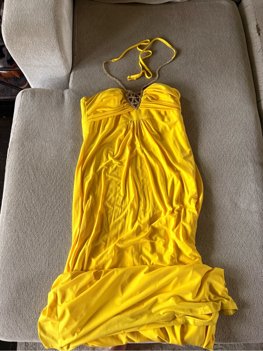 Vintage 2007 Y2K Yellow Rhinestone Halter Prom Maxi Dress Size 12